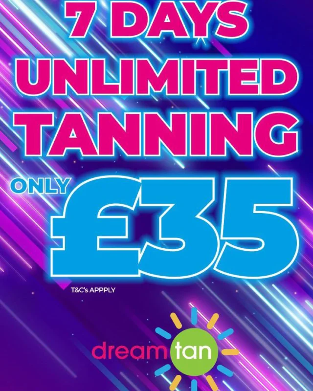 Unlimited Tanning Is Here!
7 days of unlimited tanning for only £35
*Offer runs from Mon 17th Nov - Sun 23rd Nov
*7 consecutive days from purchase
*Maximum 20 minute sessions
* Minimum 24 hours between sessions 
#K11 #kingswinford #dreamtan #tanning