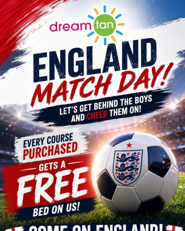 ⚽️🏆 IT'S MATCH DAY! 🏆⚽️

The Three Lions are back in action today, and we're getting behind England the Dream Tan way! ❤️🤍

To celebrate, EVERY course purchased today comes with a FREE tanning session on us! ☀️✨

Whether you're getting match-day ready or keeping that summer glow going, there's never been a better time to top up your minutes!

🔥 Today's Offer: ✅ Buy any course ✅ Get a FREE bed on us ✅ 
⚽☀️

📍 Dream Tan Kingswinford
📞 01384 438950

COME ON ENGLAND! 🦁🦁🦁

#DreamTan #Kingswinford #ComeOnEngland #MatchDay #FreeBedOnUs #FootballFever #GlowGoals #TanningDeals #SummerGlow #ThreeLions